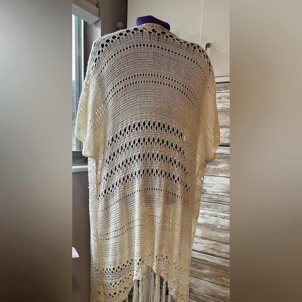 ARTESIA Cream Fringe Open Knit Cardigan Sweater M/L Boho Asymmetrical